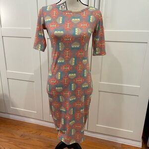 LuLaRoe Julia Pencil Dress size XS Orange Green Florescent Aztec NWT